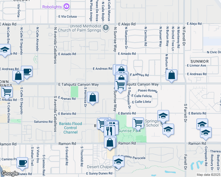 map of restaurants, bars, coffee shops, grocery stores, and more near 111 South Sunrise Way in Palm Springs