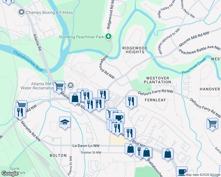 map of restaurants, bars, coffee shops, grocery stores, and more near 1920 Moores Mill Road Northwest in Atlanta