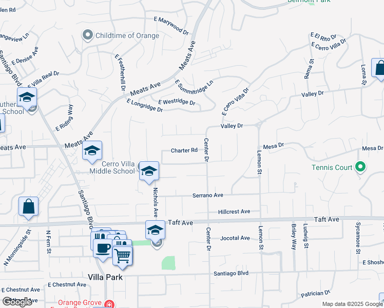map of restaurants, bars, coffee shops, grocery stores, and more near 18172 Charter Road in Villa Park