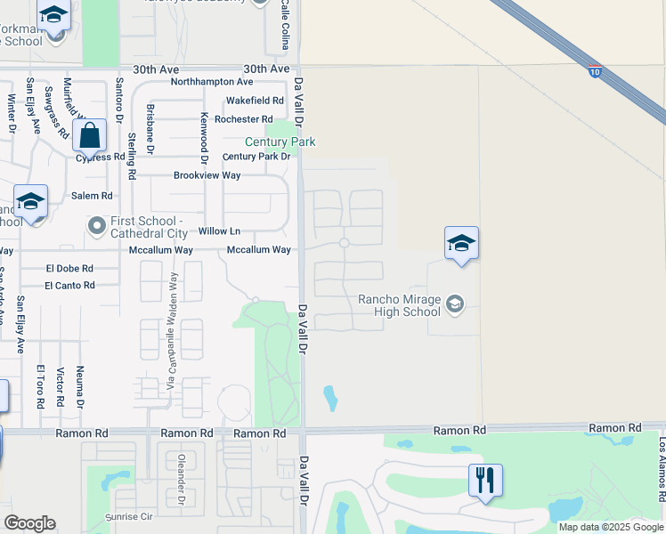 map of restaurants, bars, coffee shops, grocery stores, and more near 170 Via Milano in Rancho Mirage