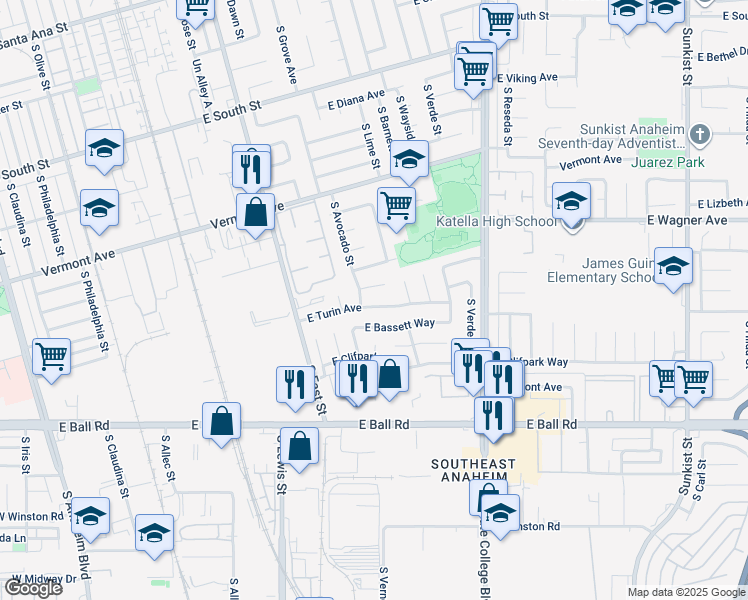 map of restaurants, bars, coffee shops, grocery stores, and more near 1411 East Turin Avenue in Anaheim