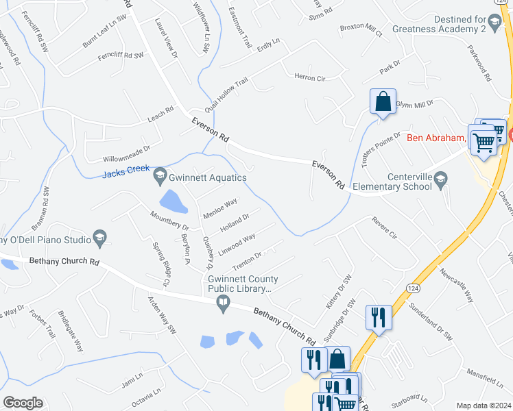 map of restaurants, bars, coffee shops, grocery stores, and more near 3703 Holland Drive in Snellville
