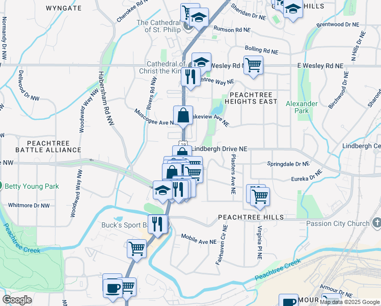 map of restaurants, bars, coffee shops, grocery stores, and more near 2479 Peachtree Road in Atlanta