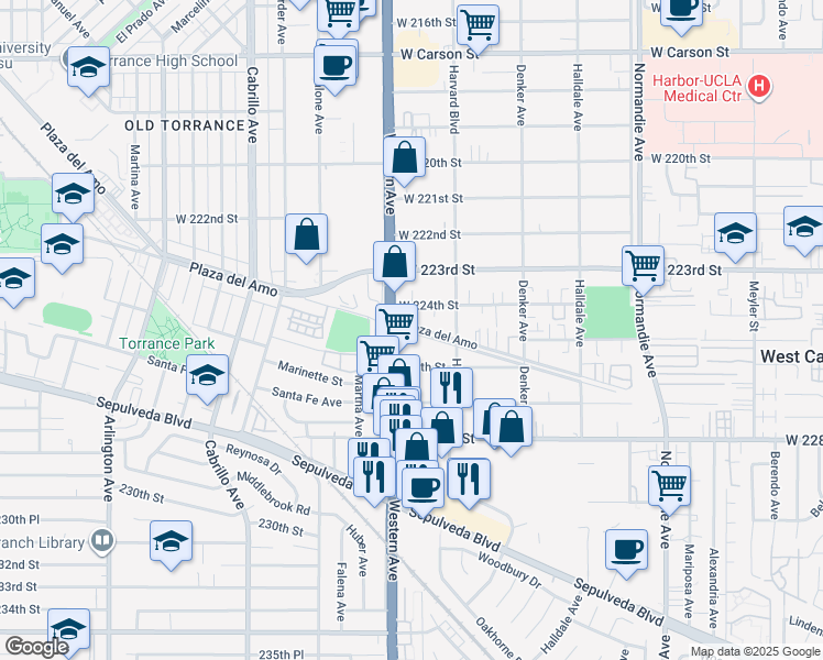 map of restaurants, bars, coffee shops, grocery stores, and more near 1654 Plaza del Amo in Torrance