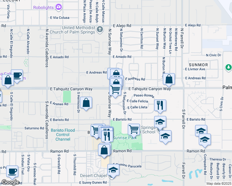 map of restaurants, bars, coffee shops, grocery stores, and more near 100 South Sunrise Way in Palm Springs