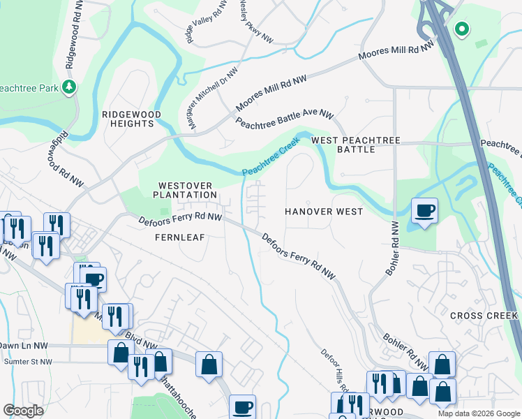 map of restaurants, bars, coffee shops, grocery stores, and more near 11 Spring Green Place Northwest in Atlanta