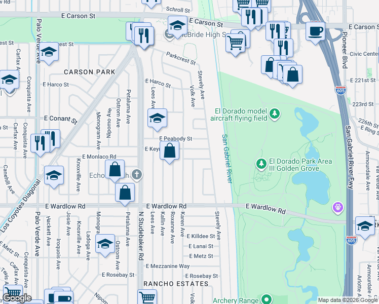 map of restaurants, bars, coffee shops, grocery stores, and more near 7112 East Keynote Street in Long Beach