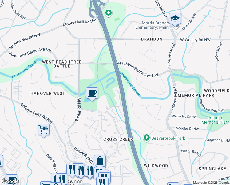 map of restaurants, bars, coffee shops, grocery stores, and more near 160 Elysian Way Northwest in Atlanta