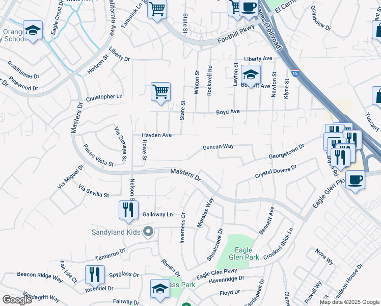 map of restaurants, bars, coffee shops, grocery stores, and more near 3795 Plantation Circle in Corona