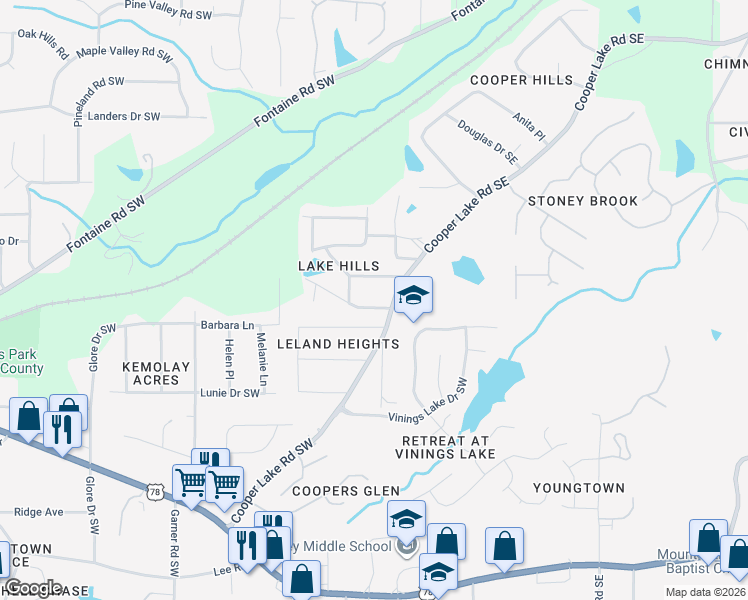map of restaurants, bars, coffee shops, grocery stores, and more near 36 Bobs Drive in Mableton