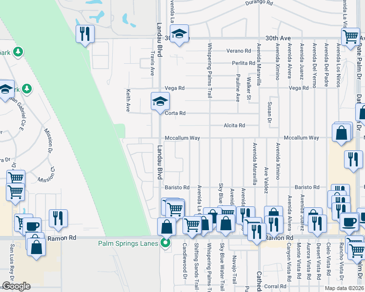 map of restaurants, bars, coffee shops, grocery stores, and more near 31200 Landau Boulevard in Cathedral City