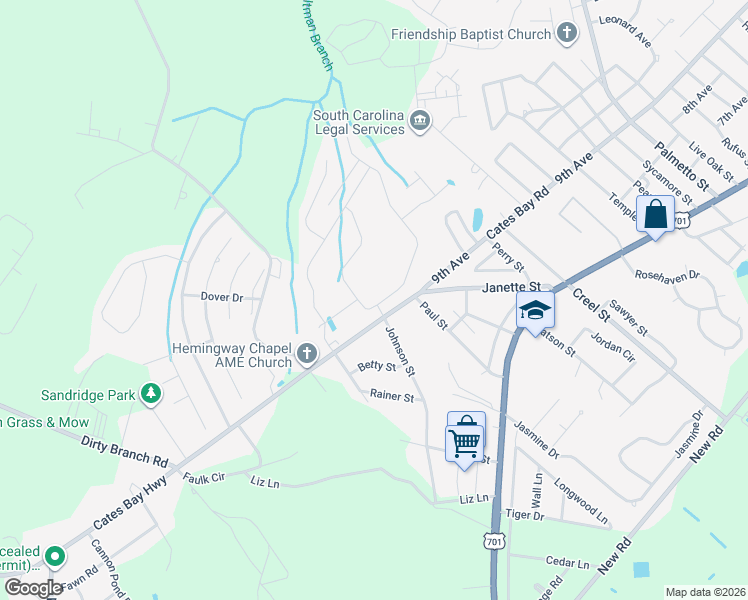 map of restaurants, bars, coffee shops, grocery stores, and more near 3301 Cates Bay Highway in Conway