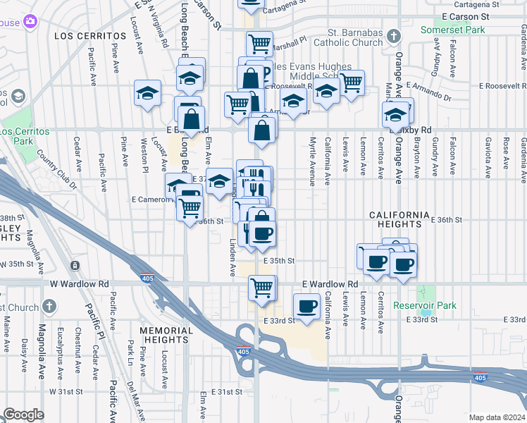 map of restaurants, bars, coffee shops, grocery stores, and more near in Long Beach