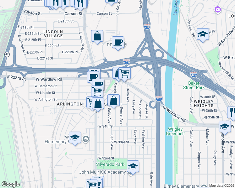 map of restaurants, bars, coffee shops, grocery stores, and more near 3616 Denver Avenue in Long Beach