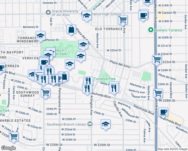map of restaurants, bars, coffee shops, grocery stores, and more near 2612 Apple Avenue in Torrance