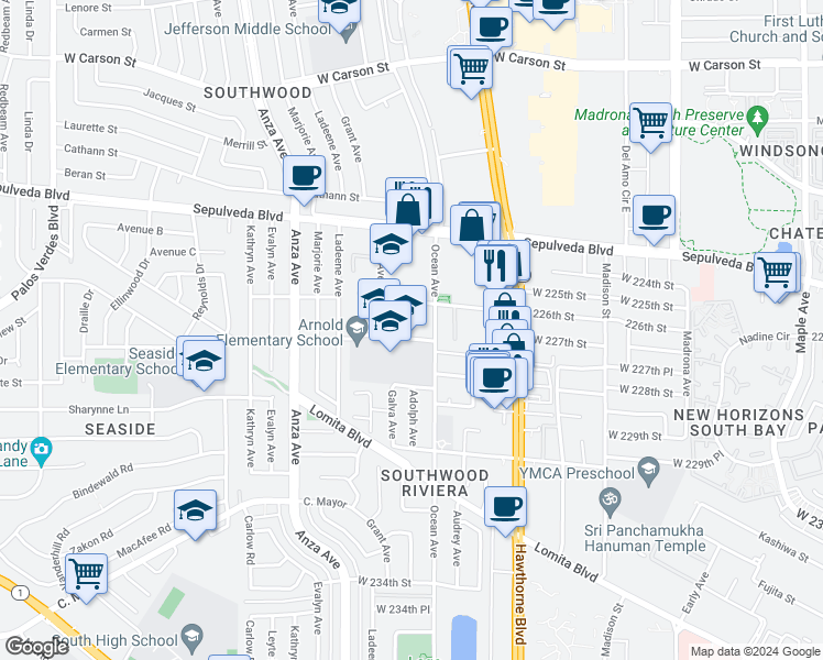 map of restaurants, bars, coffee shops, grocery stores, and more near 4100 West 227th Street in Torrance