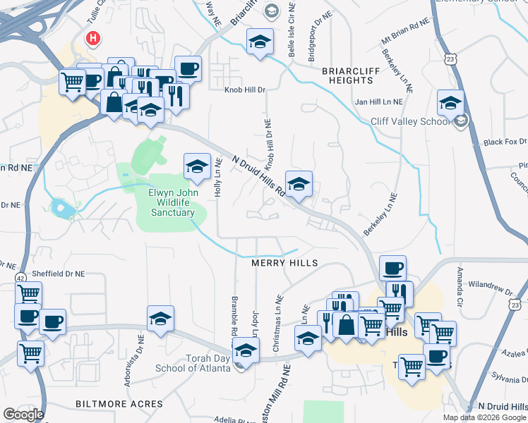 map of restaurants, bars, coffee shops, grocery stores, and more near 1363 North Crossing Drive in Atlanta
