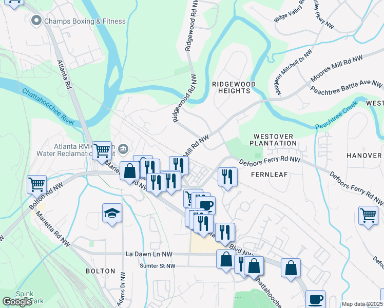 map of restaurants, bars, coffee shops, grocery stores, and more near 1920 Moores Mill Road Northwest in Atlanta