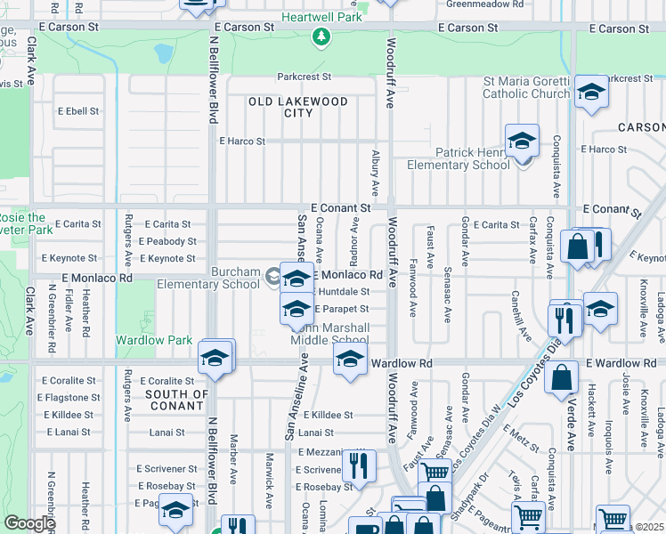 map of restaurants, bars, coffee shops, grocery stores, and more near 3605 Lomina Avenue in Long Beach