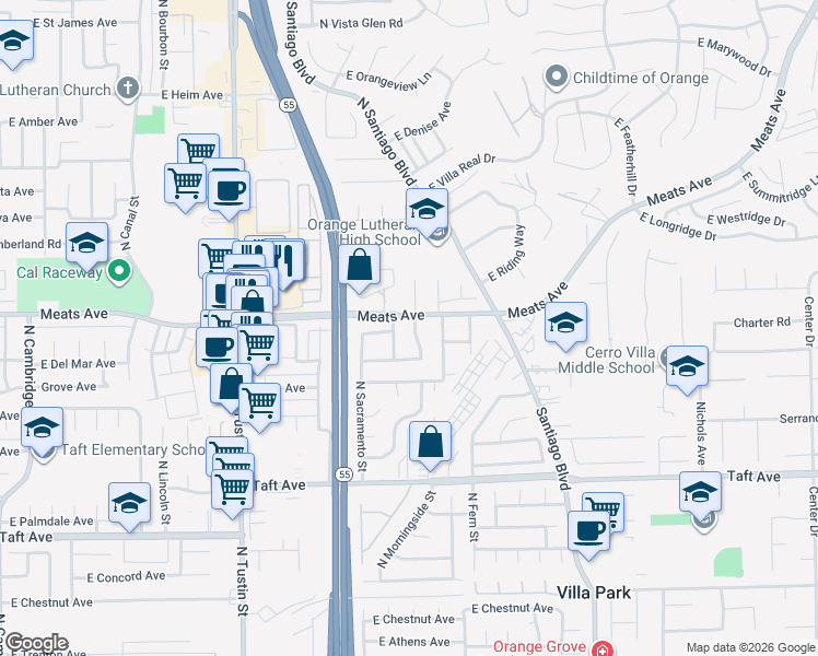 map of restaurants, bars, coffee shops, grocery stores, and more near 2076 North Diamond Street in Orange