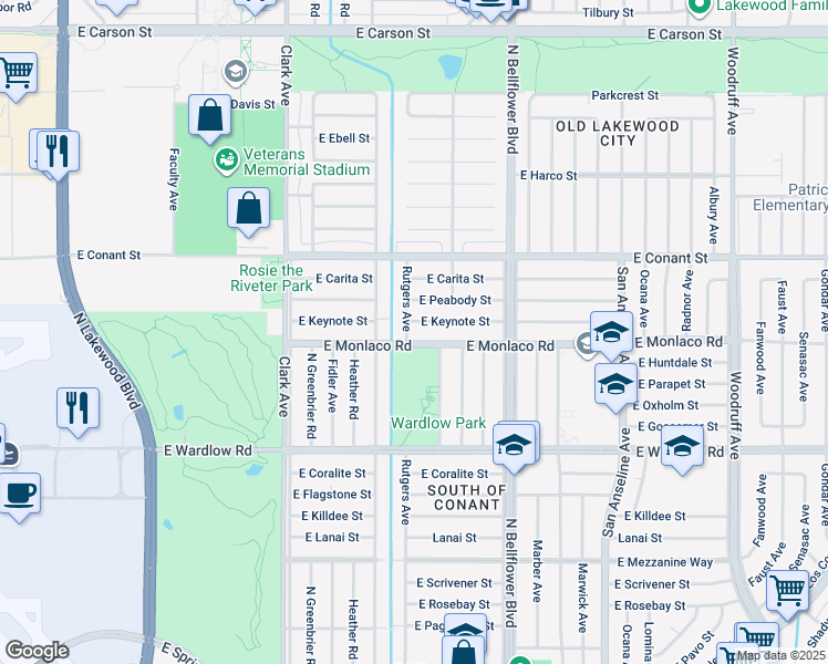 map of restaurants, bars, coffee shops, grocery stores, and more near 3556 Rutgers Avenue in Long Beach