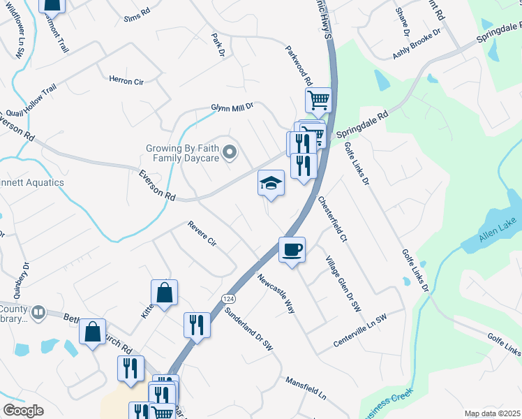 map of restaurants, bars, coffee shops, grocery stores, and more near 3115 Centerville Highway in Snellville