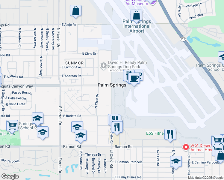 map of restaurants, bars, coffee shops, grocery stores, and more near 142 El Cielo Road in Palm Springs
