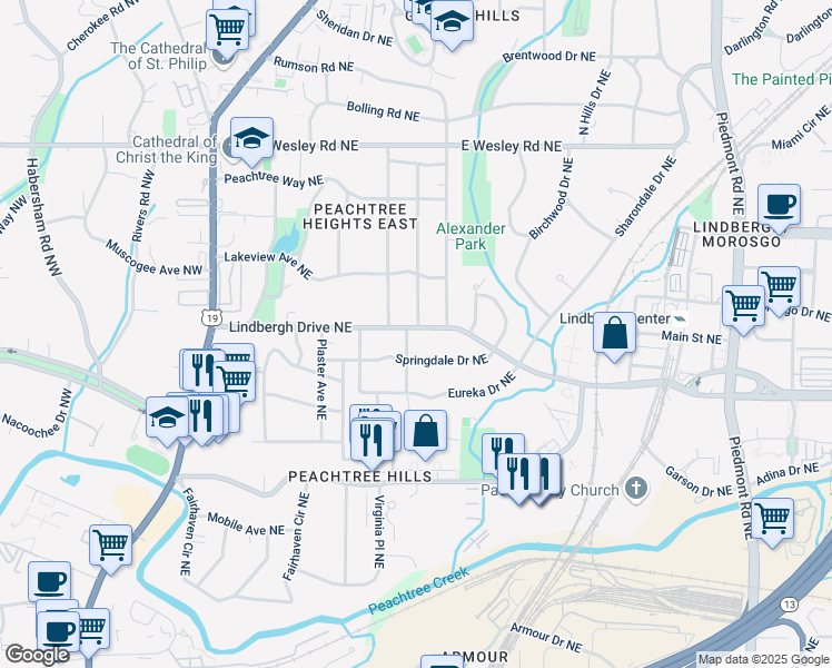 map of restaurants, bars, coffee shops, grocery stores, and more near 239 Lindbergh Drive Northeast in Atlanta
