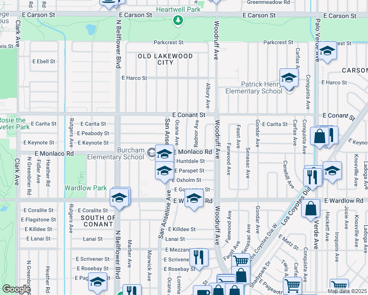 map of restaurants, bars, coffee shops, grocery stores, and more near 3605 Lomina Avenue in Long Beach