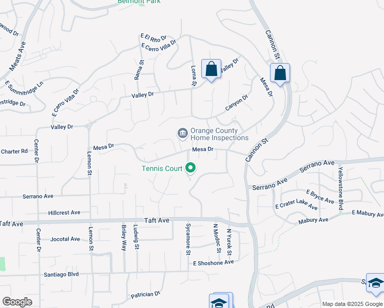 map of restaurants, bars, coffee shops, grocery stores, and more near 19022 Mesa Drive in Villa Park