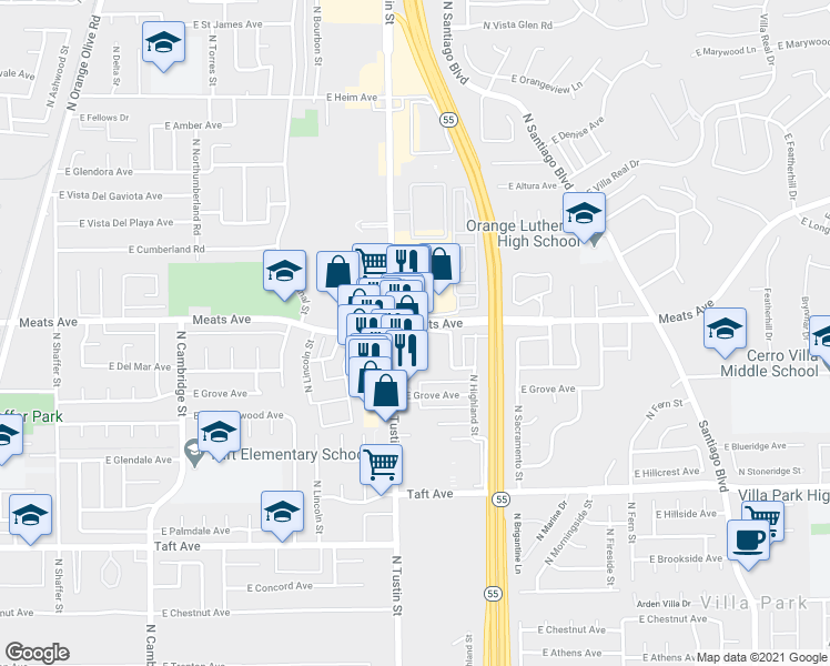 map of restaurants, bars, coffee shops, grocery stores, and more near 2094 A1 North Tustin Street in Orange