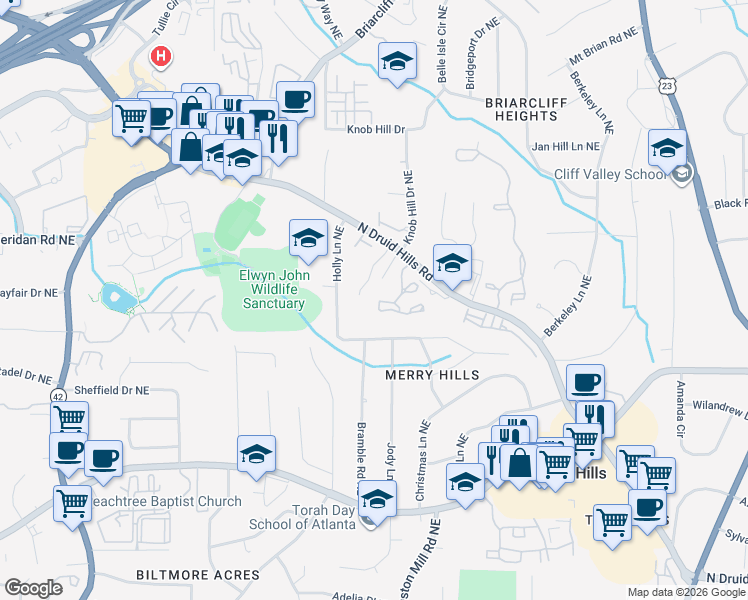 map of restaurants, bars, coffee shops, grocery stores, and more near 1426 North Crossing Drive in Atlanta