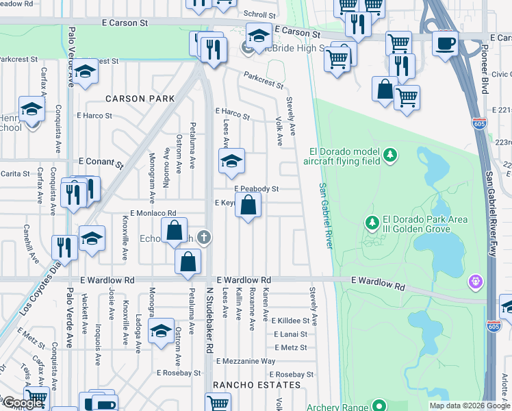 map of restaurants, bars, coffee shops, grocery stores, and more near 3568 Roxanne Avenue in Long Beach