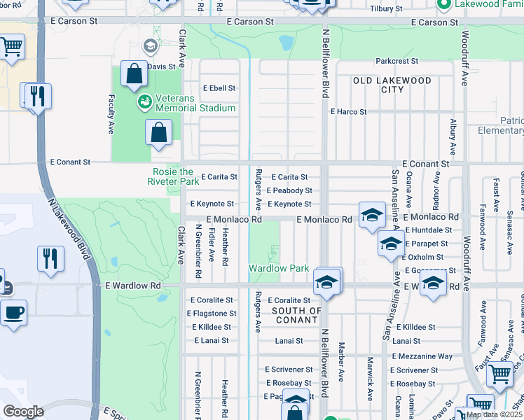 map of restaurants, bars, coffee shops, grocery stores, and more near 3556 Rutgers Avenue in Long Beach