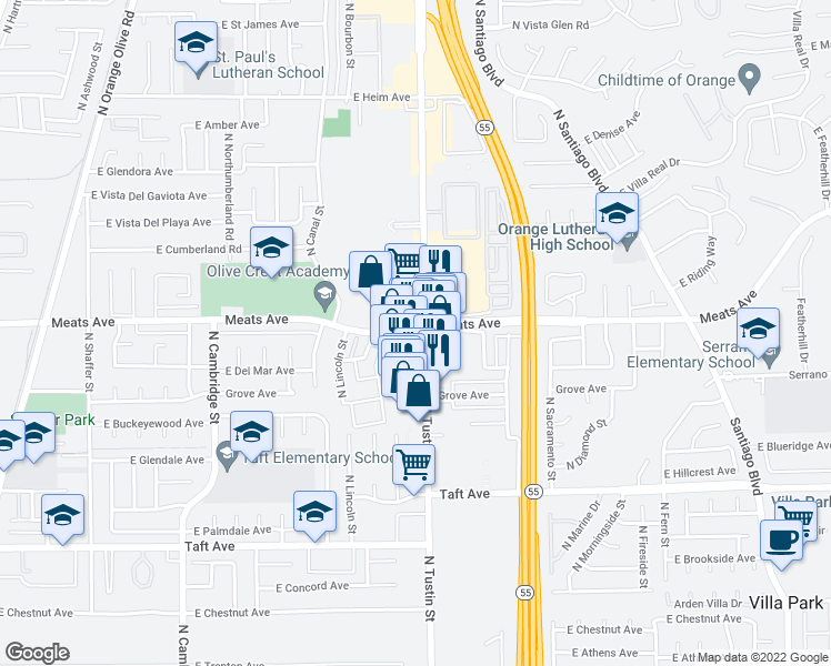 map of restaurants, bars, coffee shops, grocery stores, and more near 2094 A1 North Tustin Street in Orange