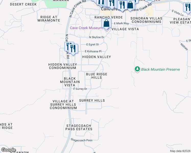map of restaurants, bars, coffee shops, grocery stores, and more near 37219 North Sunset Trail in Cave Creek