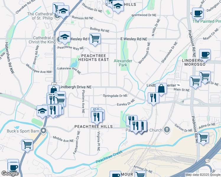 map of restaurants, bars, coffee shops, grocery stores, and more near 244 Springdale Drive Northeast in Atlanta
