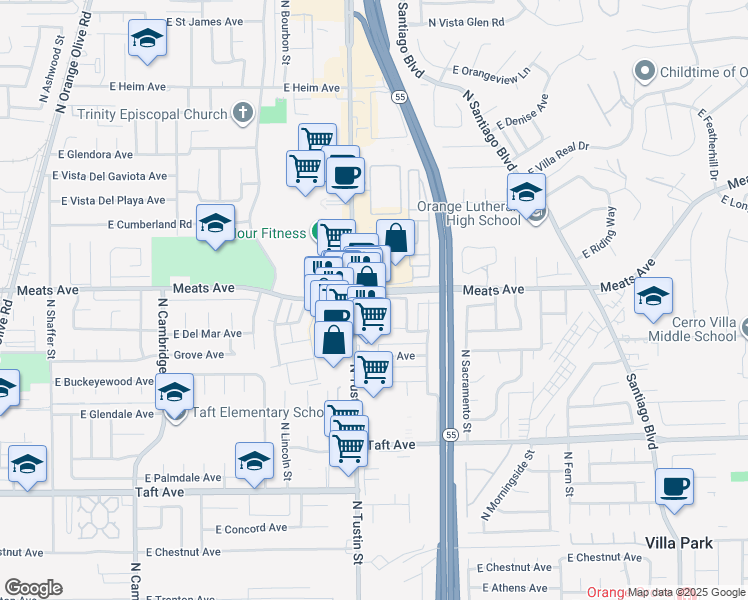 map of restaurants, bars, coffee shops, grocery stores, and more near 2094 A1 North Tustin Street in Orange