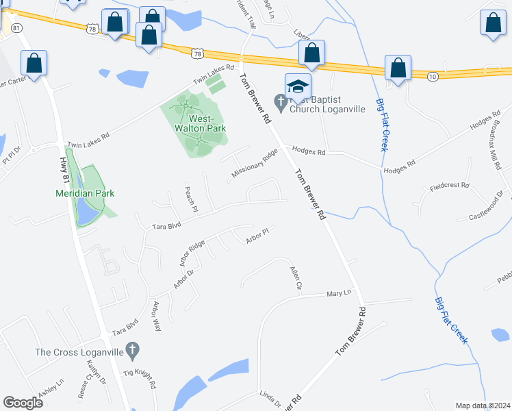 map of restaurants, bars, coffee shops, grocery stores, and more near 173 Tara Boulevard in Loganville
