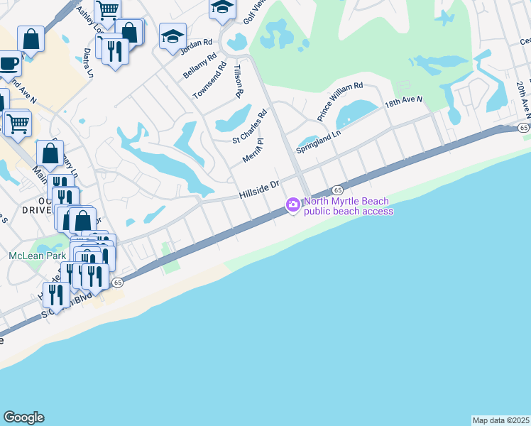 map of restaurants, bars, coffee shops, grocery stores, and more near 706 South Carolina 65 in North Myrtle Beach