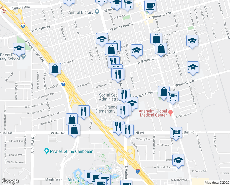 map of restaurants, bars, coffee shops, grocery stores, and more near 602 West Bellevue Drive in Anaheim