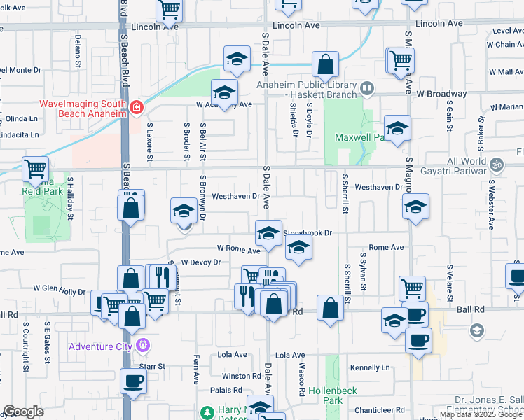 map of restaurants, bars, coffee shops, grocery stores, and more near 722 South Newcastle Drive in Anaheim