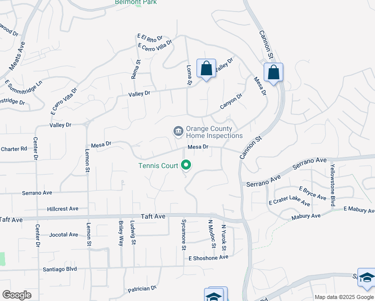 map of restaurants, bars, coffee shops, grocery stores, and more near 19022 Mesa Drive in Villa Park