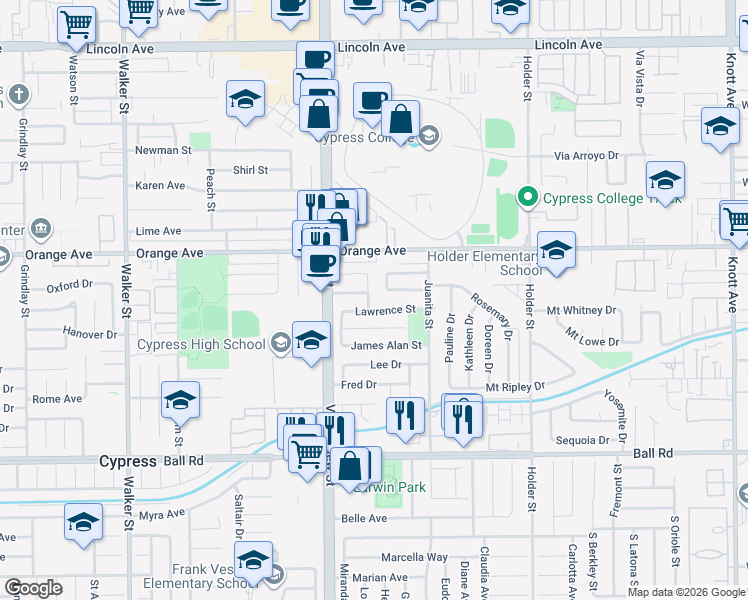map of restaurants, bars, coffee shops, grocery stores, and more near 6124 Lawrence Street in Cypress