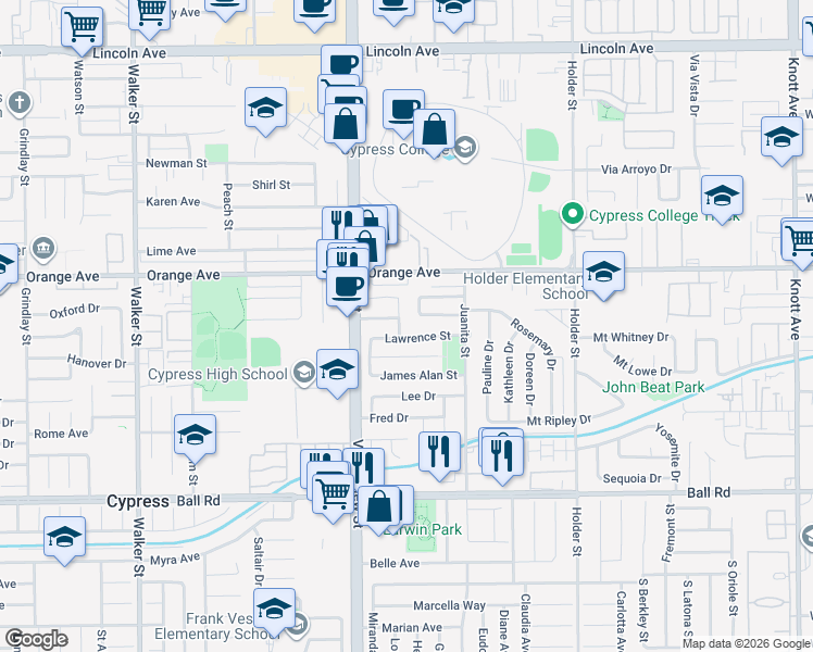 map of restaurants, bars, coffee shops, grocery stores, and more near 6124 Lawrence Street in Cypress