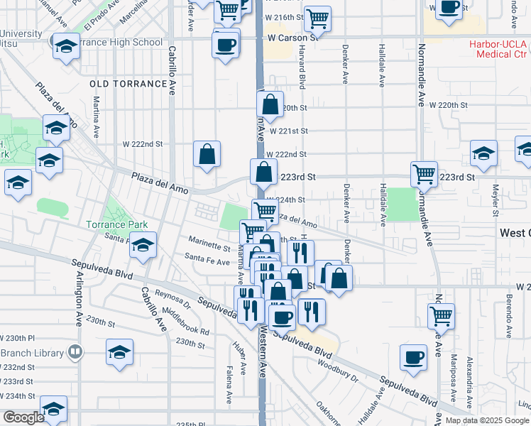 map of restaurants, bars, coffee shops, grocery stores, and more near 1646 Plaza del Amo in Torrance