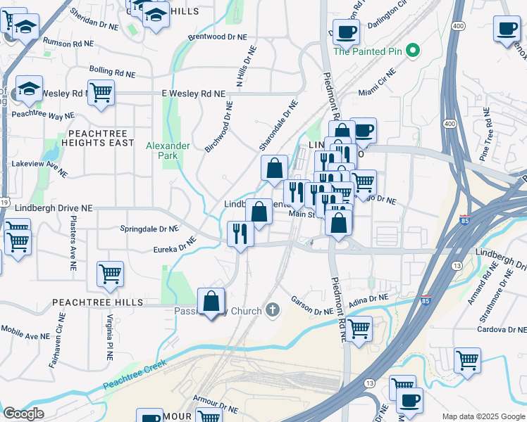 map of restaurants, bars, coffee shops, grocery stores, and more near 2410 Camellia Lane Northeast in Atlanta