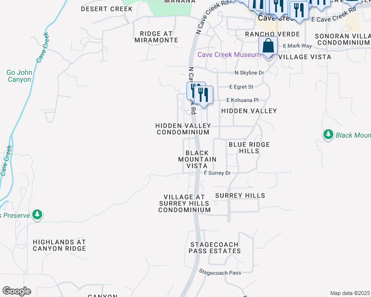 map of restaurants, bars, coffee shops, grocery stores, and more near 37001 North Conestoga Trail in Cave Creek