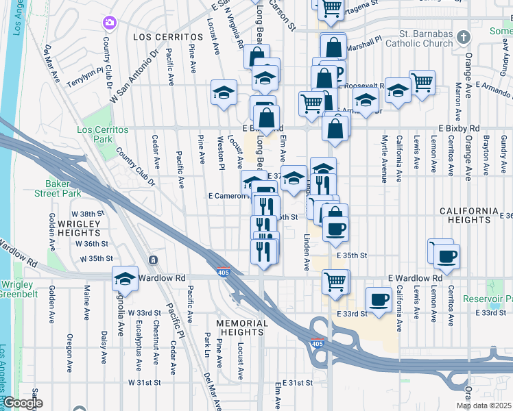 map of restaurants, bars, coffee shops, grocery stores, and more near in Long Beach