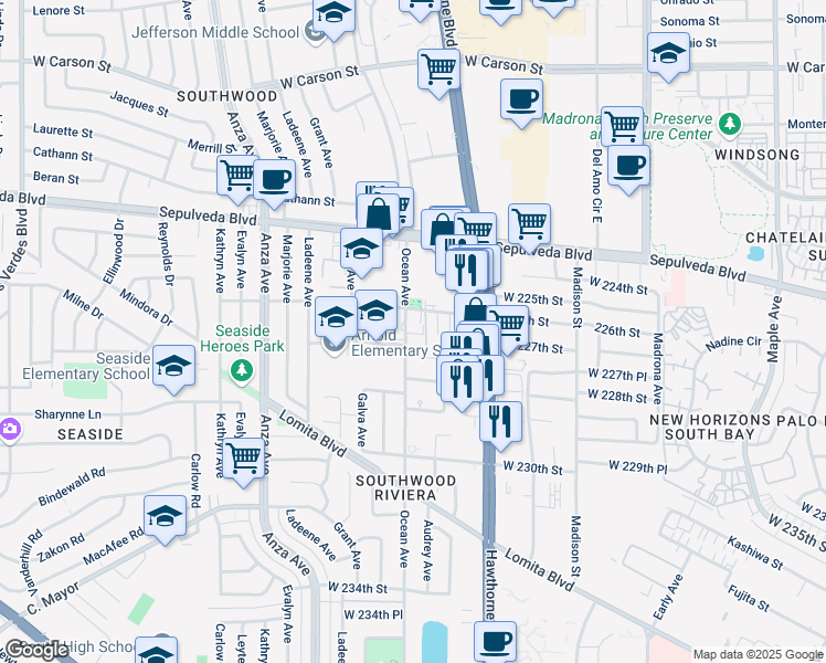 map of restaurants, bars, coffee shops, grocery stores, and more near 22620 Ocean Avenue in Torrance